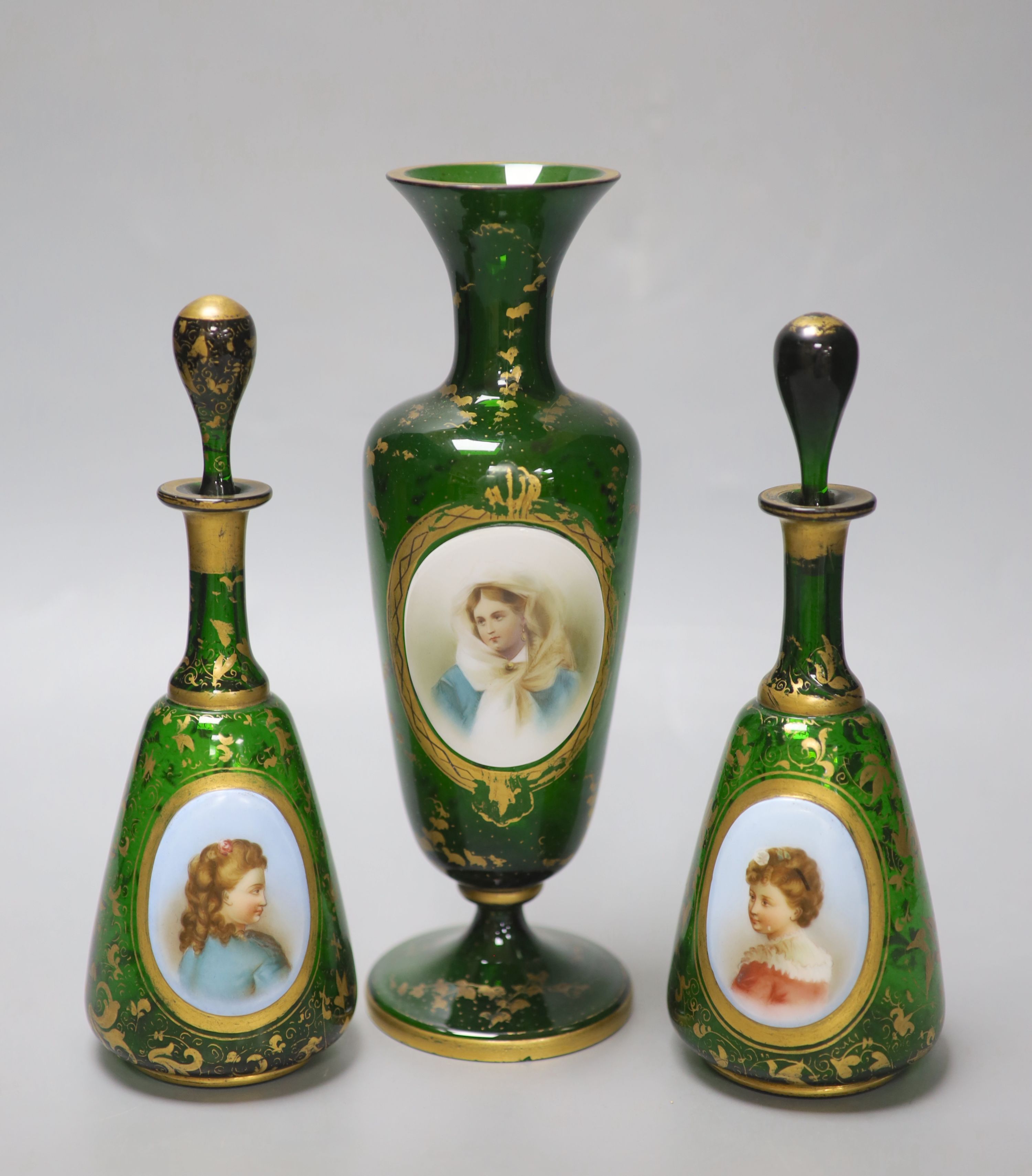 A Bohemian gilded glass vase with porcelain portrait plaque, late 19th century and a pair of similar scent bottles, tallest 24.5cm